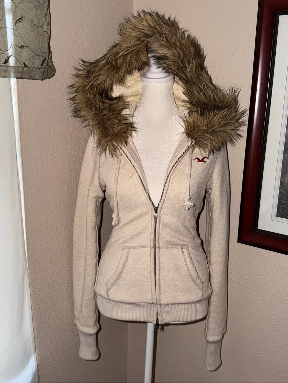 Vintage Y2K Hollister 2000s Faux Fur Trimmed Hooded Zip Up Sweater